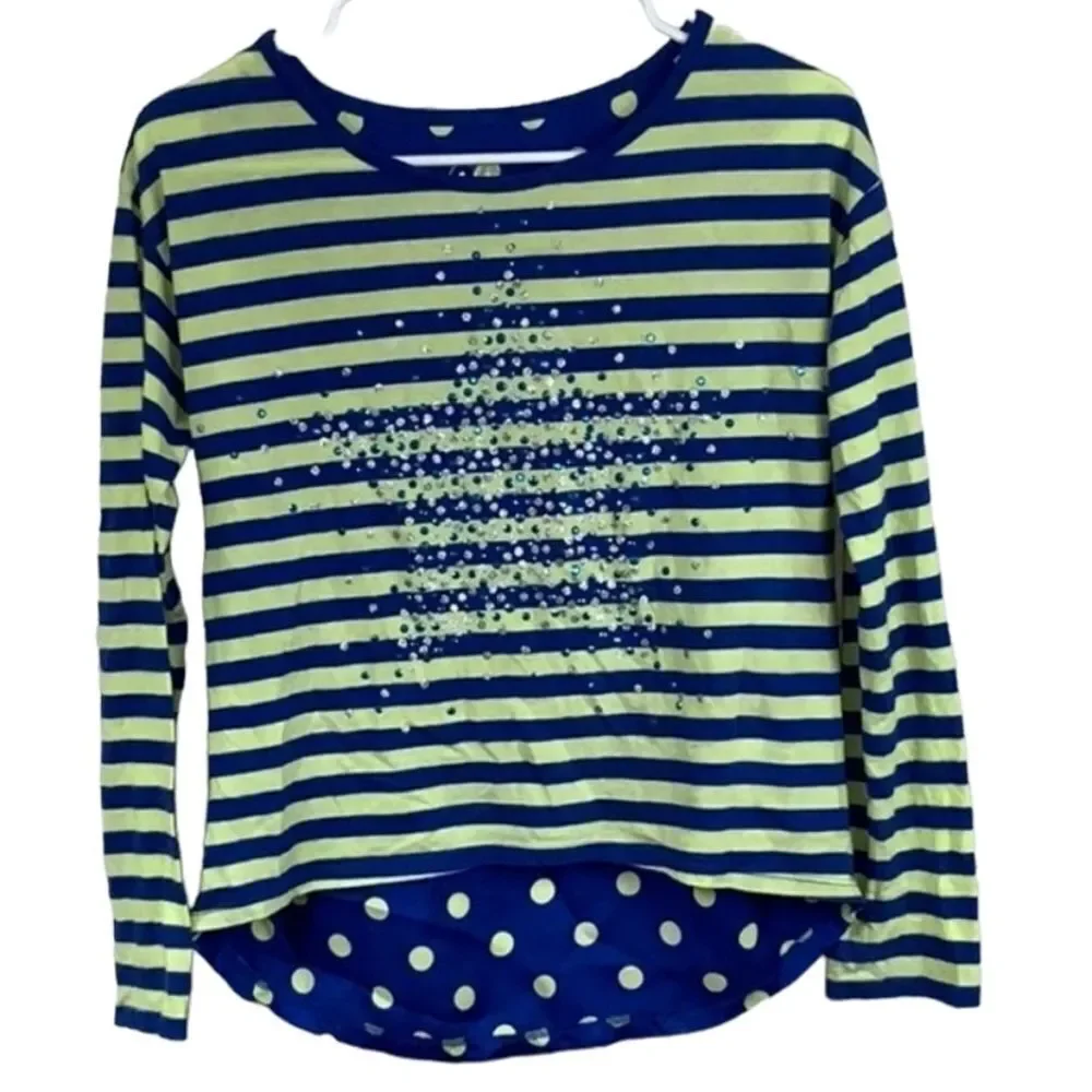 Justice Girls 14 Blue Stripe Yellow Polka Dot Glitter Star Chiffon Tee Knit Top
